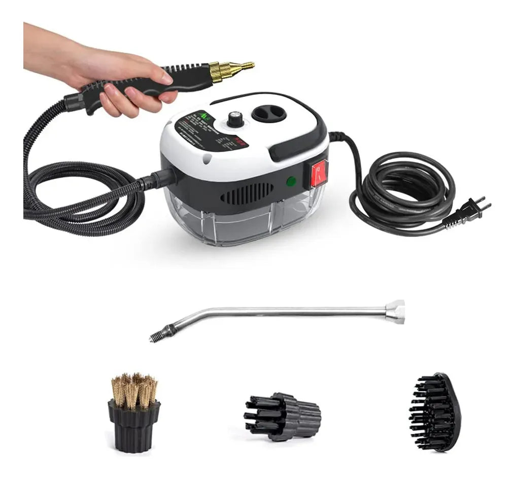 Limpador a vapor branco com mangueira, bico e escovas