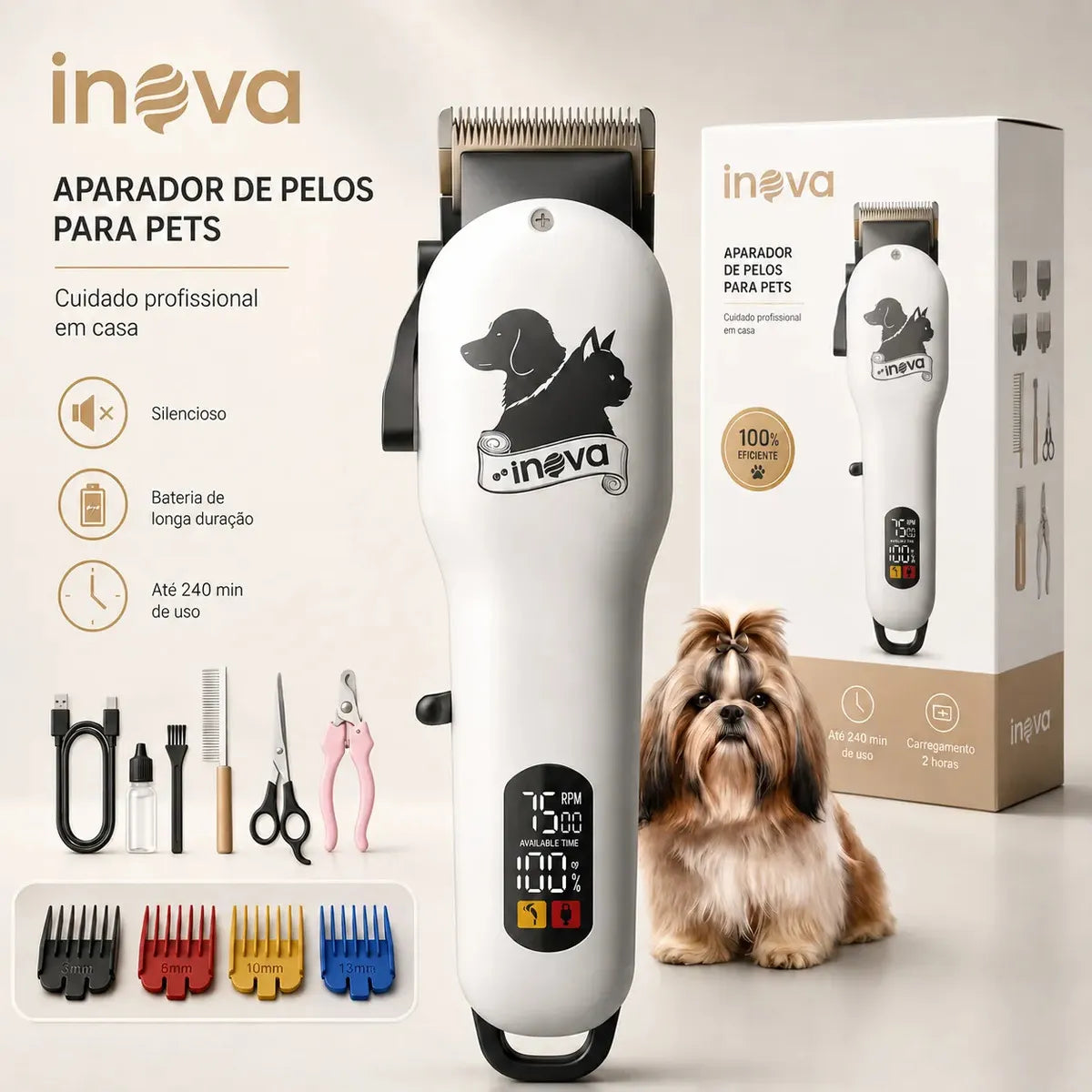 Máquina de tosa pet branca Inova com pentes e acessórios