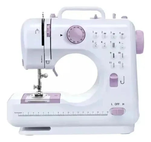 Máquina de costura portátil branca e lilás com 12 pontos
