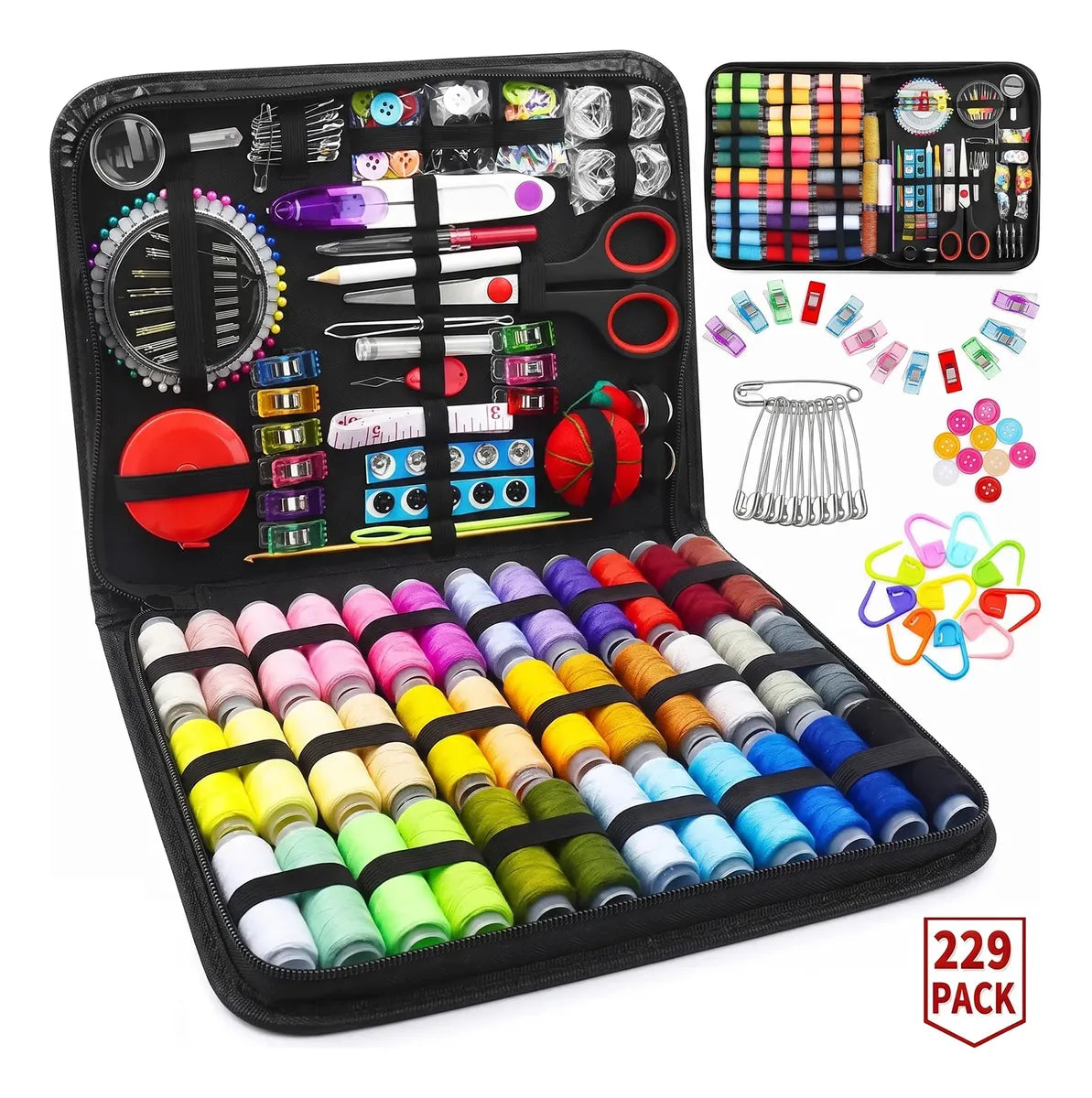 Kit de costura de 229 peças em estojo preto aberto