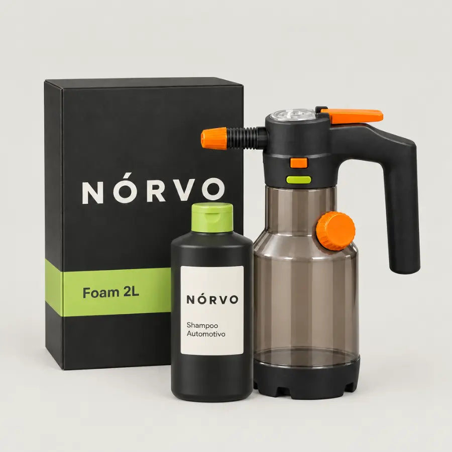NÓRVO Foam 2L com a caixa da marca e um sabão líquido NÓRVO de brinde
